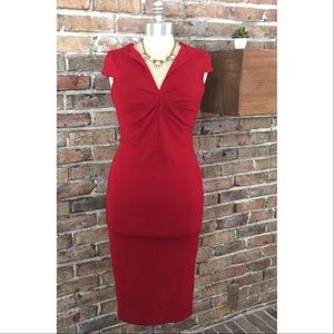 ASOS Red Cap Sleeved V Neck Midi Pencil Dress